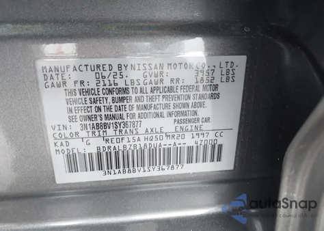 2025 Nissan Sentra S from USA, damaged, VIN 3N1AB8BV1SY367877